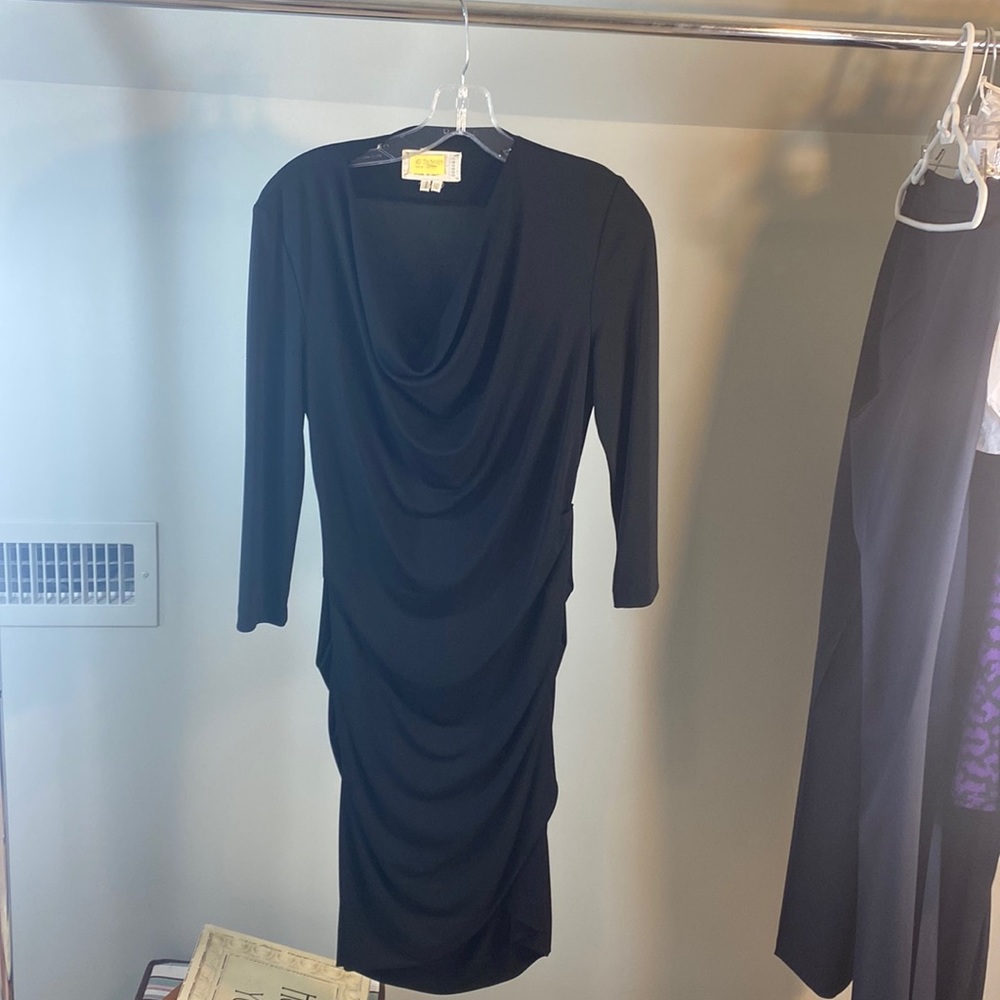 Cocktail Dress- midi scrunch cowl neck 3/4 sleeves Nicole Miller Artelier